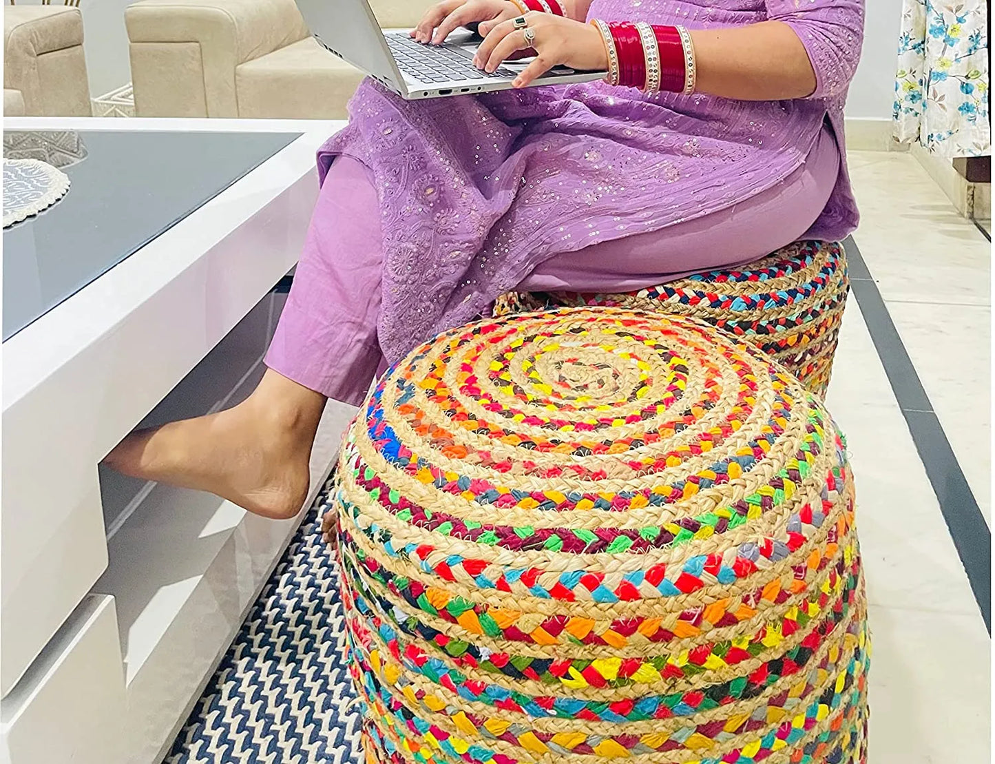 Multicolor Braided Pouf – Chindi & Jute Design for Bedroom & Living Spaces