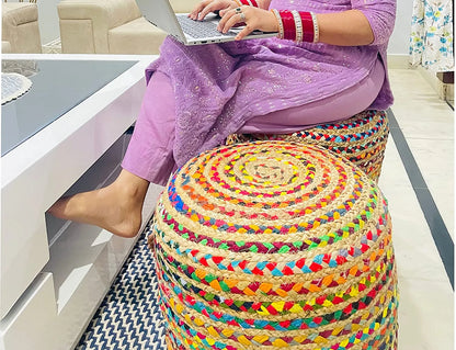 Multicolor Braided Pouf – Chindi & Jute Design for Bedroom & Living Spaces