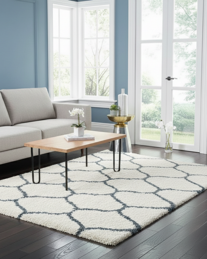 Elegant Cream & Grey Moroccan Lattice Rug – Soft Touch with Anti-Slip Rubber Backing