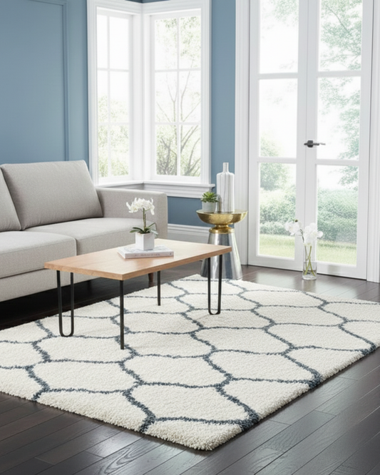 Elegant Cream & Grey Moroccan Lattice Rug – Soft Touch with Anti-Slip Rubber Backing