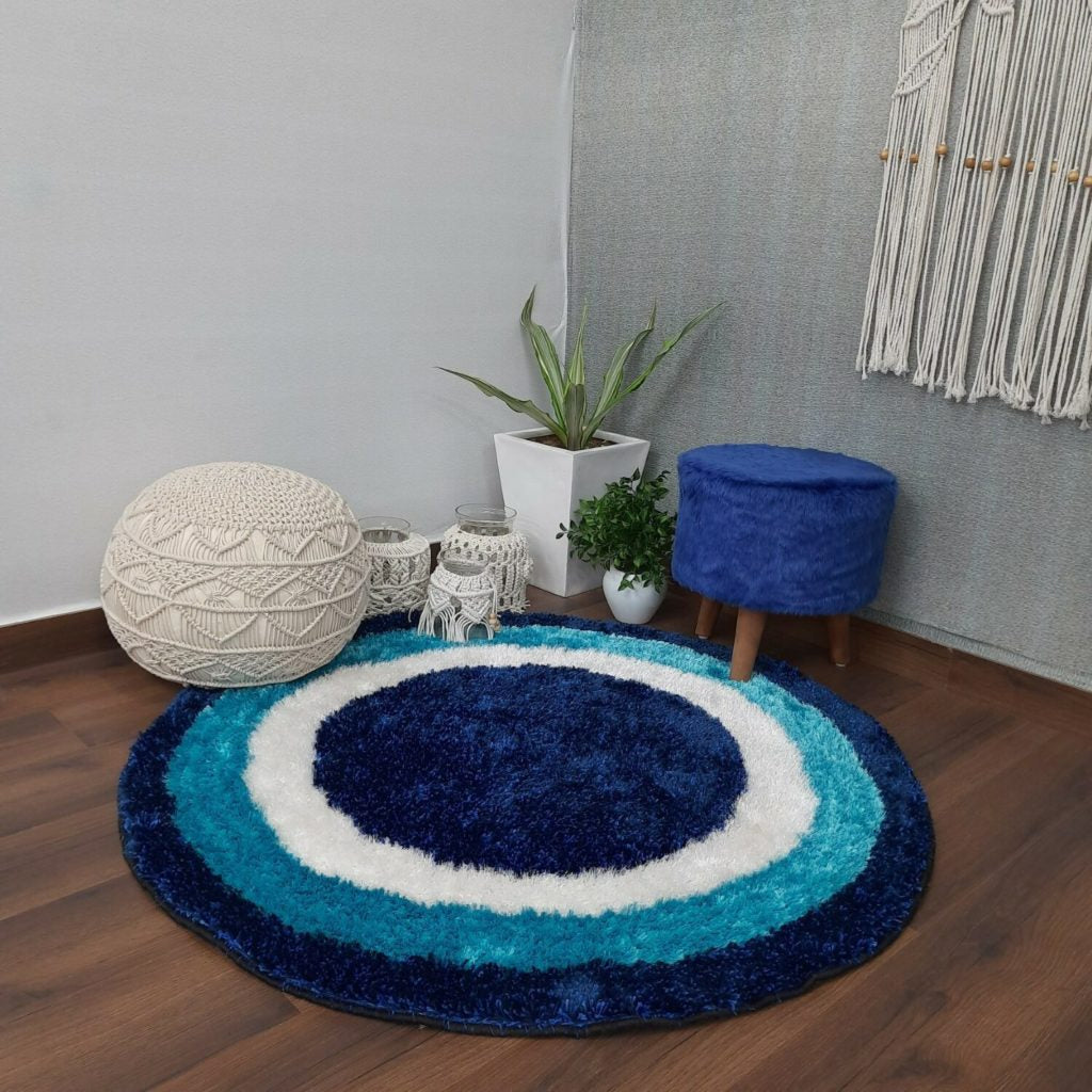 Kashyapa Rugs Collection-Multicolor Round Blue Shades Shag Carpet for Living Room.