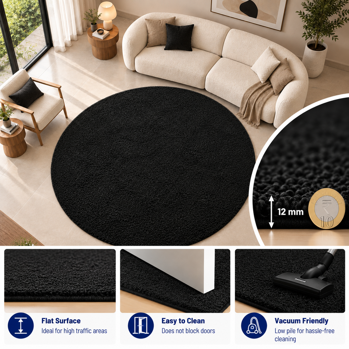 Premium Black Round Rug – 12 mm Low Pile, Soft Feel, Modern Elegant Design