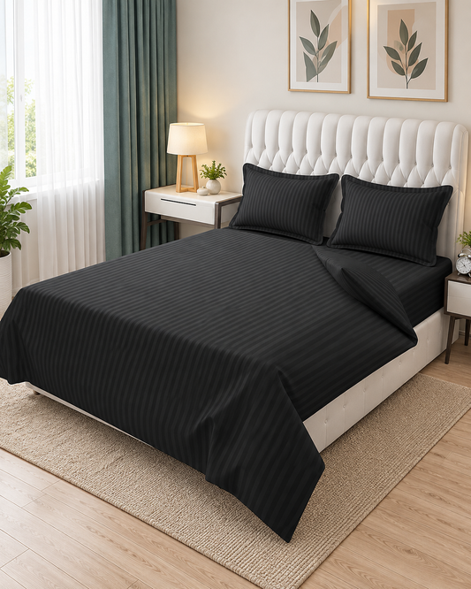 Premium Plain Stripes Cotton Charcoal Black Bedsheet 🛏️ – Double Bed Size with 2 Pillow Covers