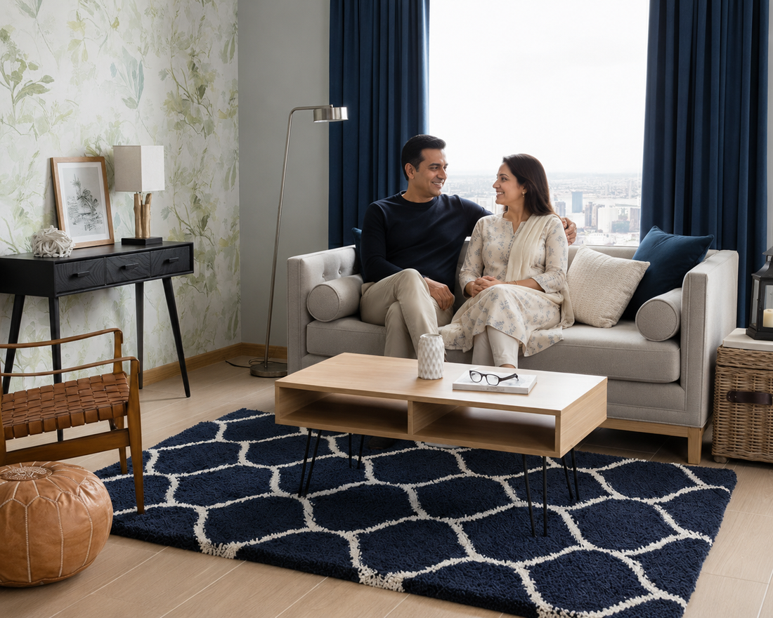 KashyapaRugs elegant cream and blue Moroccan lattice rug – plush shaggy texture, classic geometric lattice pattern, anti-slip rubber backing for living rooms and bedrooms