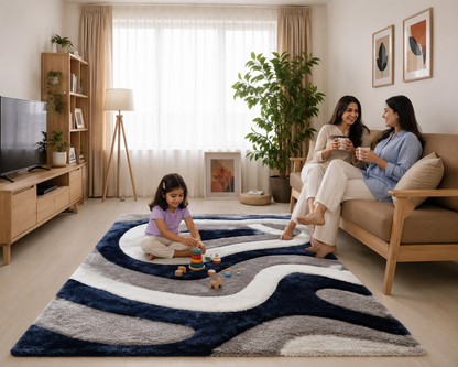 Dark Blue & White Luxurious Carpets Super Soft & Plush Modern 3D Style Shaggy Rug for Living Room Bedroom and Hall