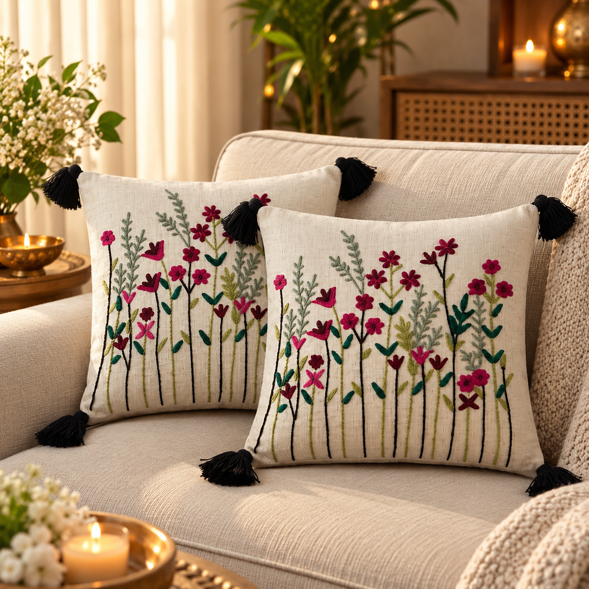 Hand Embroidered Wildflower Cushion Cover with Tassels | Colorful Floral Decorative Pillow Cover for Sofa & Living Room