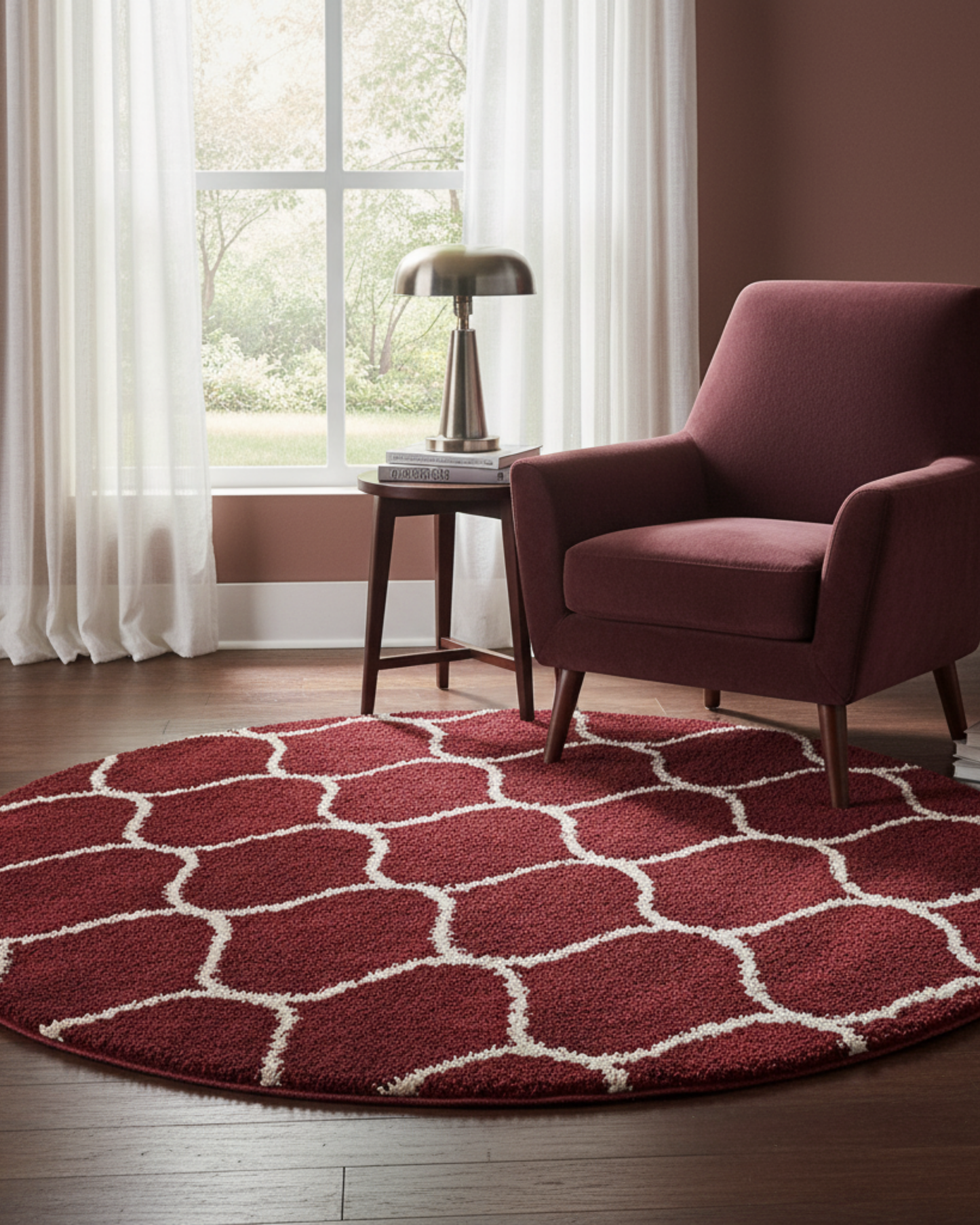 Red & White Luxury Moroccan Style Round Shaggy Rug – Extra Soft with Anti-Skid Rubber Backing
