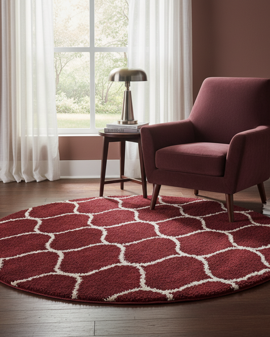 Red & White Luxury Moroccan Style Round Shaggy Rug – Extra Soft with Anti-Skid Rubber Backing