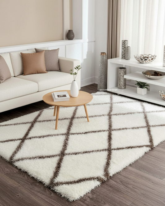 Micro Abstract Moroccan Design Carpet – Cream and Brown – Soft Feel with Anti-Skid Rubber Backing