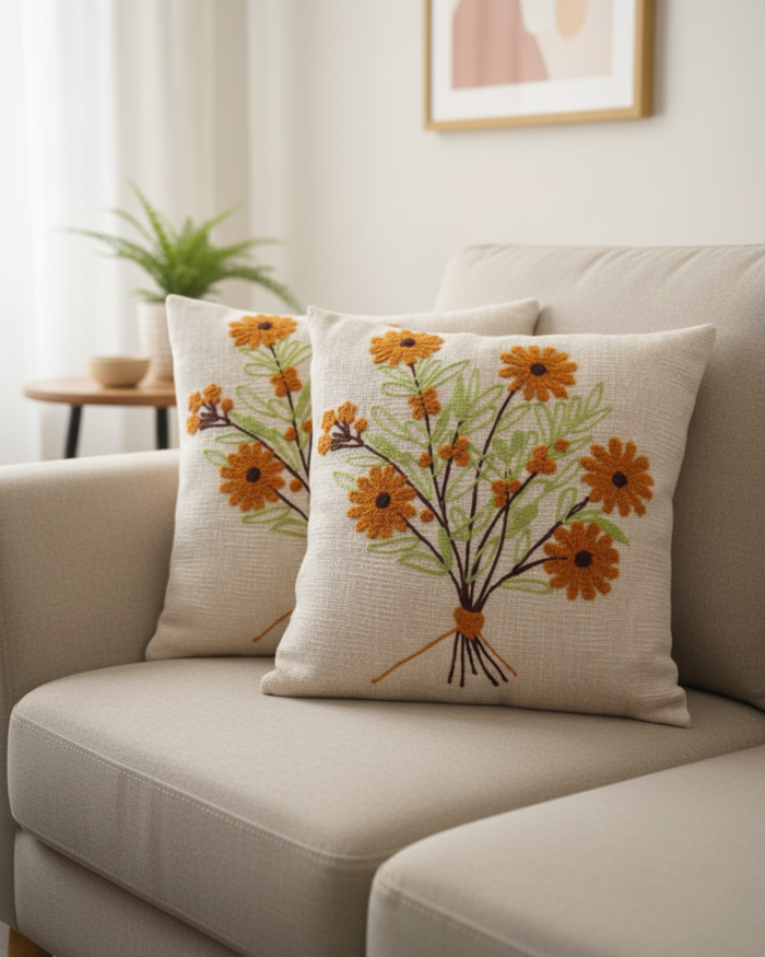 Orange Floral Embroidered Cushion Cover | Botanical Flower Bouquet Decorative Pillow Cover for Sofa & Living Room