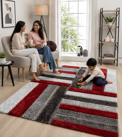 Red & Grey Geometric 3D Carved Design Super Soft Microfiber Modern Hand Tufted Floor Rug