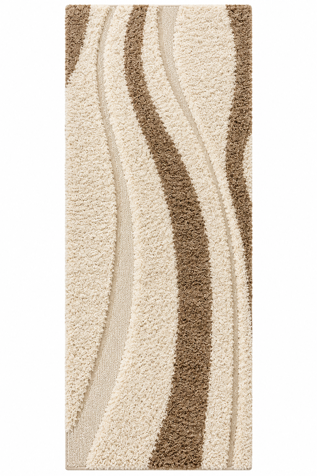 Ivory & Beige Abstract Striped Shaggy Runner Rug – Soft Feel with Anti-Skid Backing