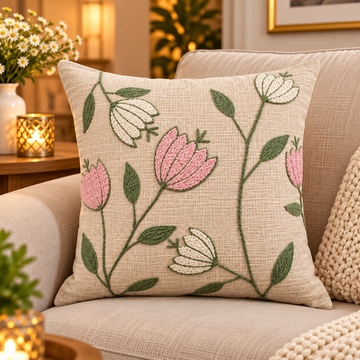 Pink & Green Floral Embroidered Cushion Cover | Decorative Throw Pillow Cover for Sofa & Living Room