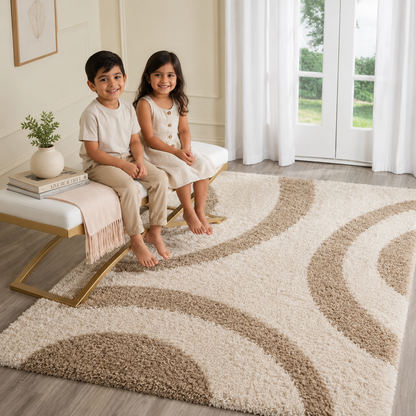 Ivory with Beige Shaggy Carpet – Soft Feel with Anti-Skid Rubber Backing, Microfiber Hand Tufted