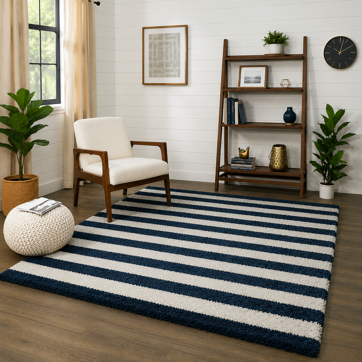Navy Blue & Ivory Modern Microfiber Carpet – Soft Feel with Anti-Skid Rubber Backing