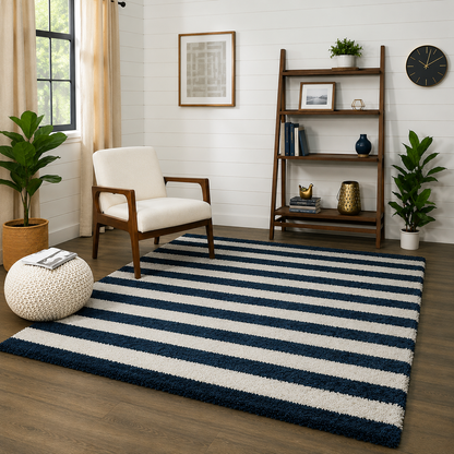 Navy Blue & Ivory Modern Microfiber Carpet – Soft Feel with Anti-Skid Rubber Backing