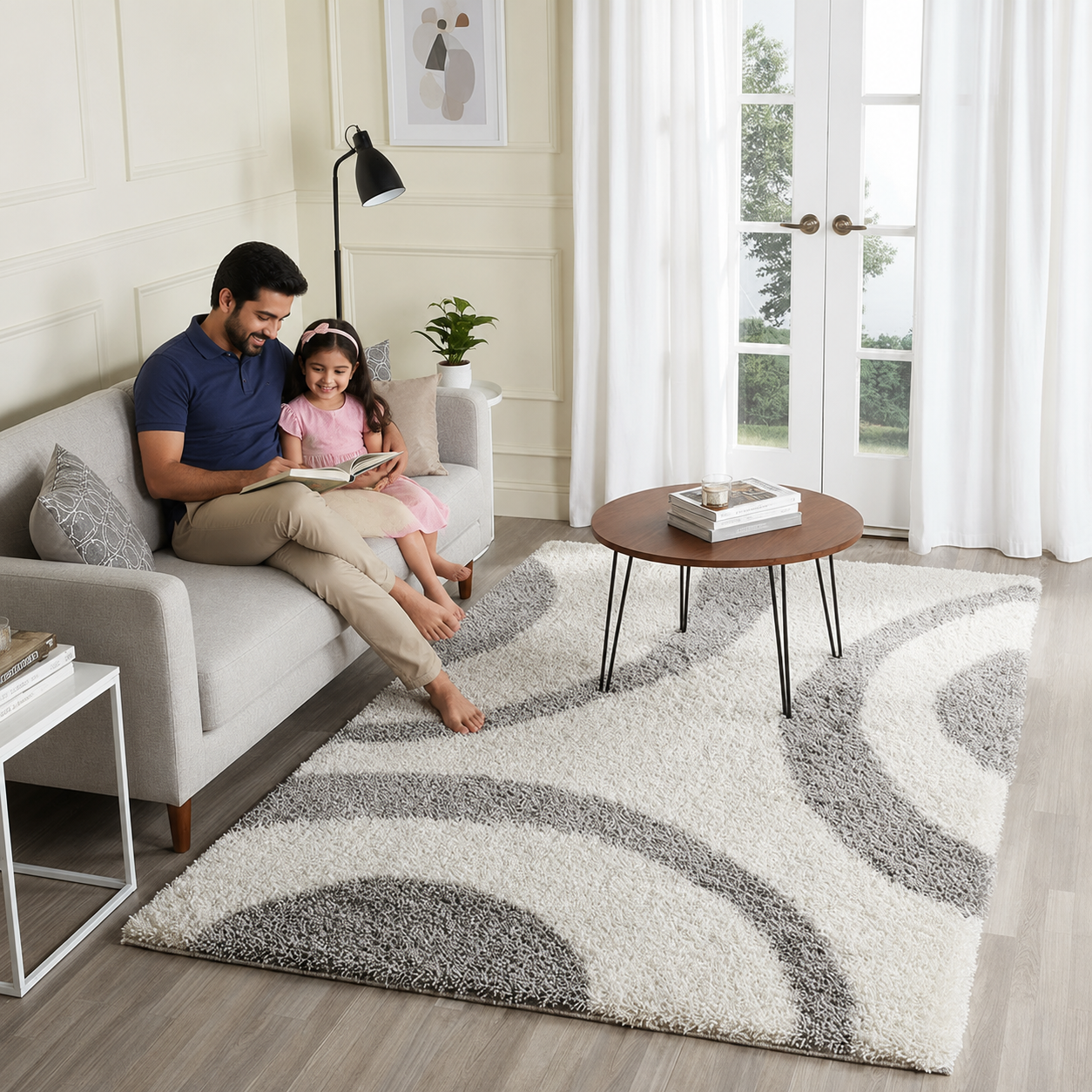 Ivory & Grey Shaggy Hand-Tufted Microfiber Carpet – Soft Touch with Anti-Skid Rubber Backing