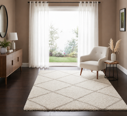 Diamond Shaggy Design Rug – Ivory with Beige Lines – Microfiber Hand-Tufted Carpet – Soft Feel with Anti-Skid Rubber Backing