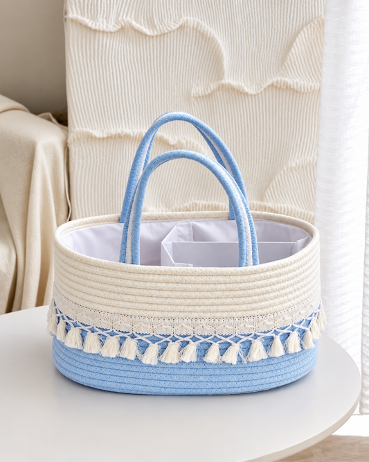 White & Light Blue Jute Hamper Basket – Decorative Gifting & Storage Basket with Tassel Detailing, 11×12 Inch