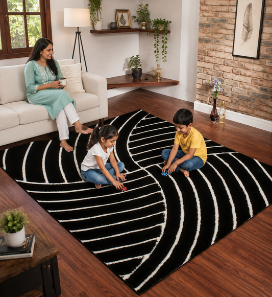 Black & White Geometric 3D Carved Design Super Soft Modern Hand Tufted Floor Rug