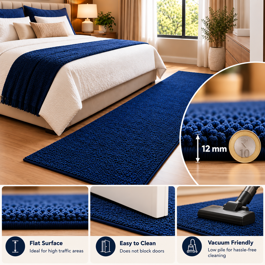Plush Navy Blue Bedside Runner – 12mm Anti-Skid Bedroom Floor Carpet