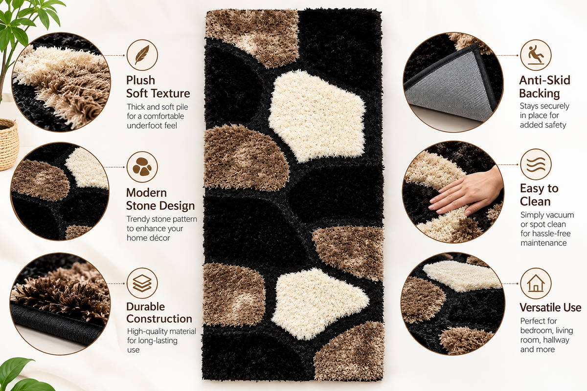 Modern Abstract Black, Beige & Ivory Shaggy Runner Rug with Anti-Skid Backing