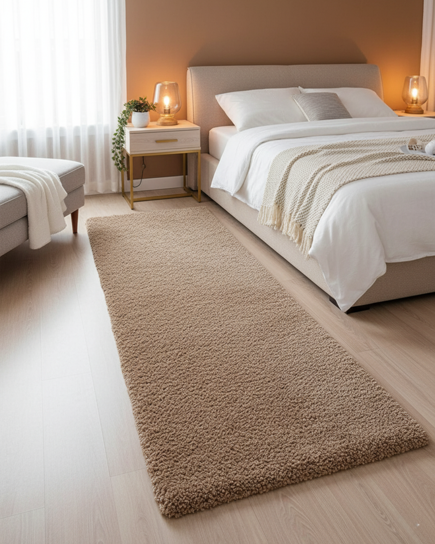 Skin beige 2 Inch Pile height Extra Fluffy Shaggy Bedside Runner - Soft Feel, Anti-Skid Rubber Backing