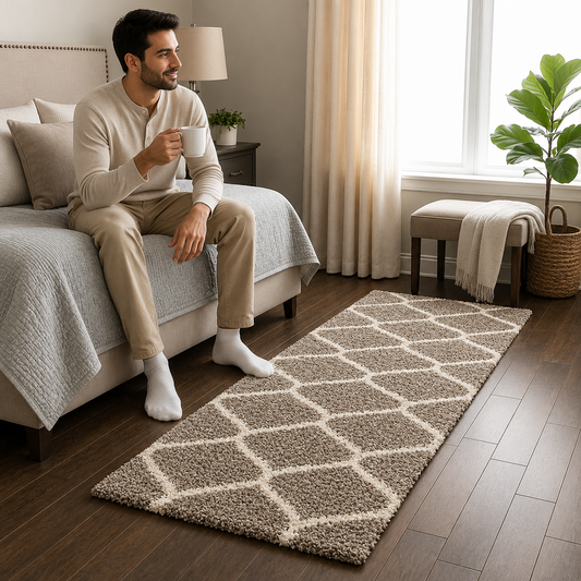 Beige & Ivory with Rubber Backing & Anti-Skid Soft Feel Bedside Runner