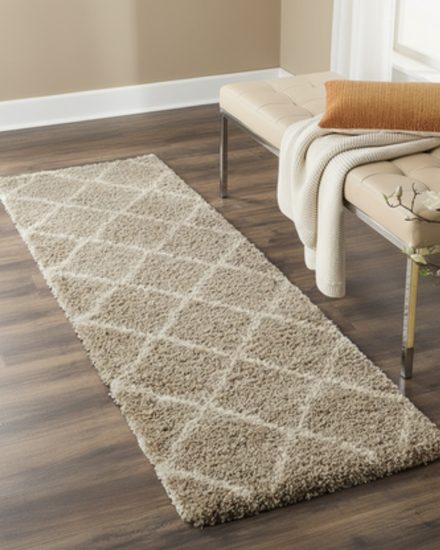 Ivory & Beige Bedside Runner – Soft Microfiber, Anti-Skid Rubber Backing