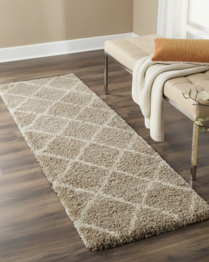 Ivory & Beige Bedside Runner – Soft Microfiber, Anti-Skid Rubber Backing
