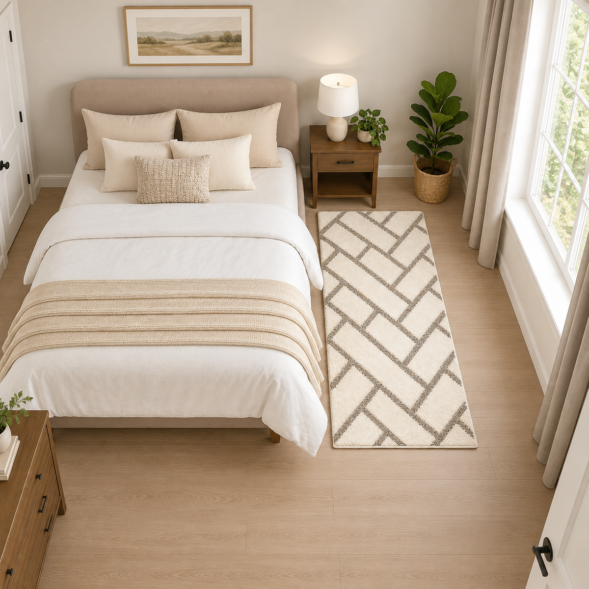 Cream & Grey Diamond Pattern Shaggy Bedroom Runner Rug – Soft Touch with Anti-Skid Backing
