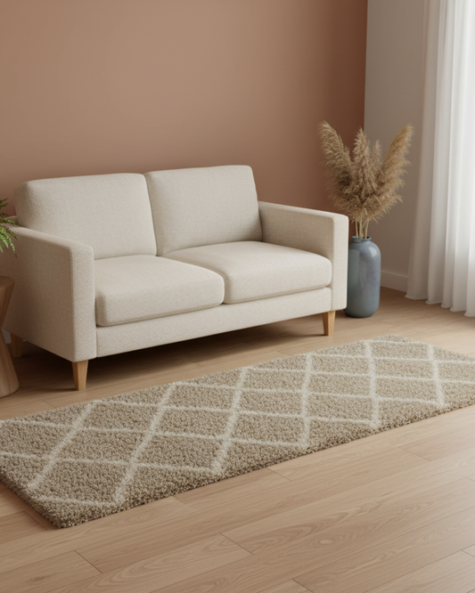 Ivory & Beige Bedside Runner – Soft Microfiber, Anti-Skid Rubber Backing