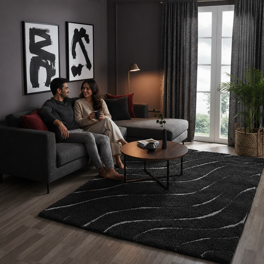Black Waves Premium Microfiber Shaggy Carpet Rug – Soft Feel with Anti-Skid Rubber Backing