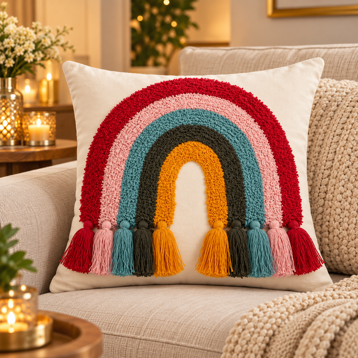Boho Rainbow Textured Cushion Cover with Tassels | Multicolor Arch Design Decorative Pillow Cover for Sofa & Living Room