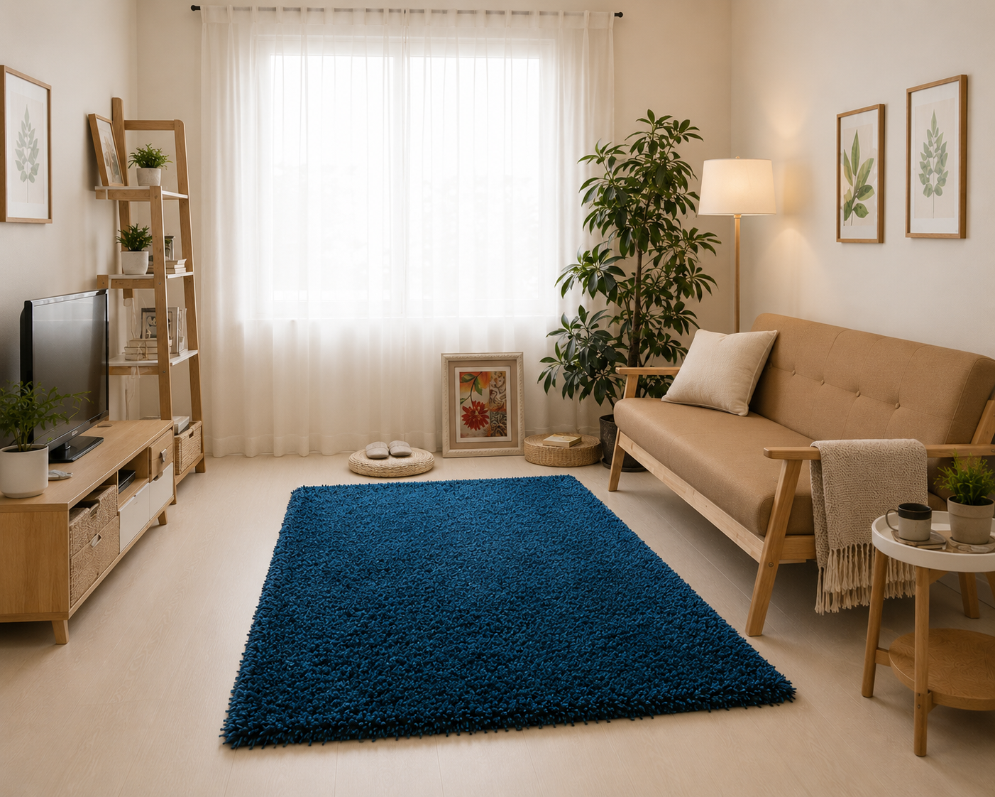 Rich Blue Plush Shaggy Carpet with Anti-Skid Backing