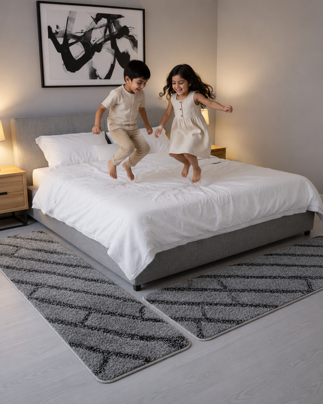 Grey & Black Super Soft Microfiber Polyester Shaggy Fluffy Hand tufted  Runner - Soft Feel, Anti-Skid Rubber Backing