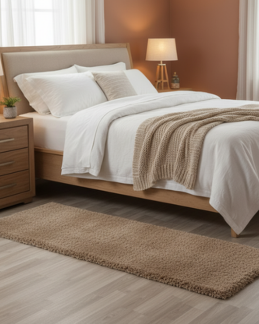 Brown 2 inch long pile Plain Beautiful Premium Microfiber Bedside Runner -  Soft Feel, Anti-Skid Rubber Backing