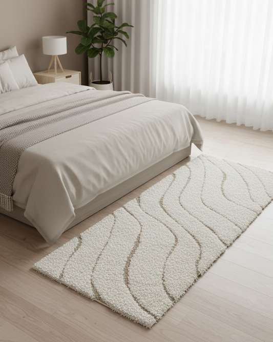 Ivory with Beige Beautiful Premium Microfiber Bedside Runner - Soft Feel, Anti-Skid Rubber Backing