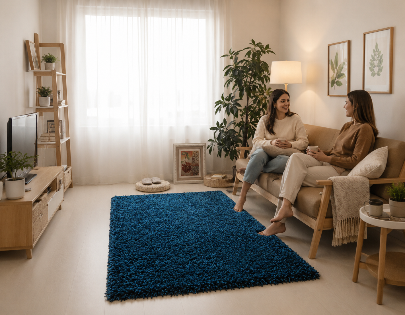 KashyapaRugs rich blue plush shaggy carpet – deep bold navy tone, premium dense shaggy texture for modern living spaces, anti-skid rubber backing