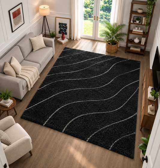 Micro Waves Carpet In Black And White- Anti Skid Backing