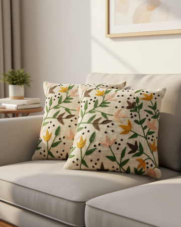 Botanical Floral Embroidered Cushion Cover | Multicolor Flower & Leaf Decorative Pillow Cover for Sofa & Living Room