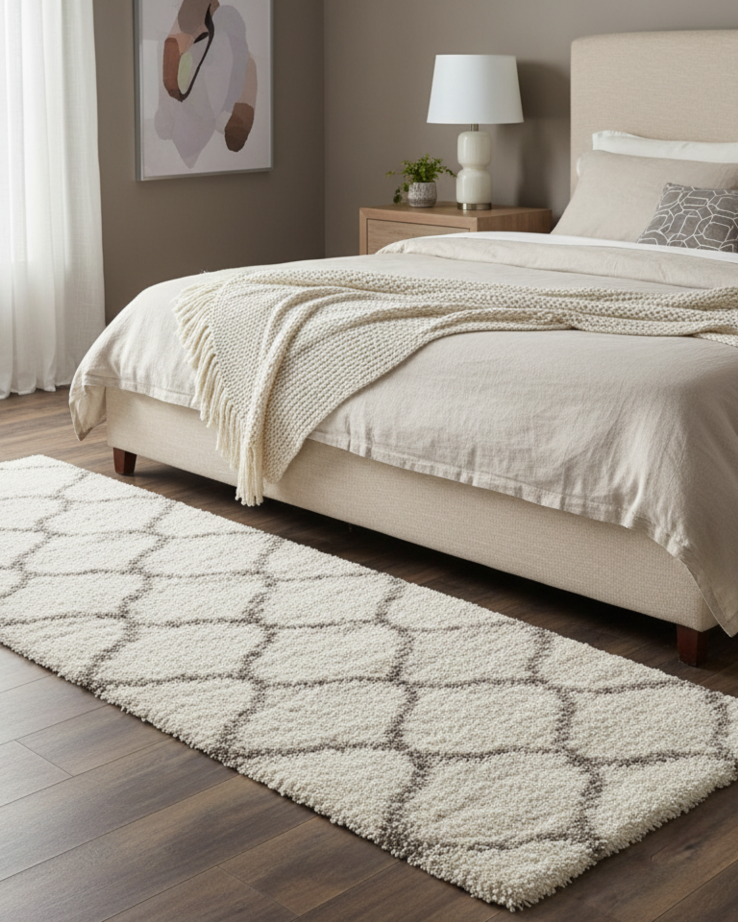 Ivory & Grey Moroccon Design Soft Shaggy Multi Sizes Bedside runner - Soft Feel, Anti-Skid Rubber Backing