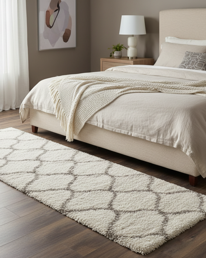 Ivory & Grey Moroccon Design Soft Shaggy Multi Sizes Bedside runner - Soft Feel, Anti-Skid Rubber Backing
