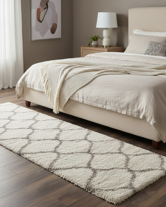 Ivory & Grey Moroccon Design Soft Shaggy Multi Sizes Bedside runner - Soft Feel, Anti-Skid Rubber Backing