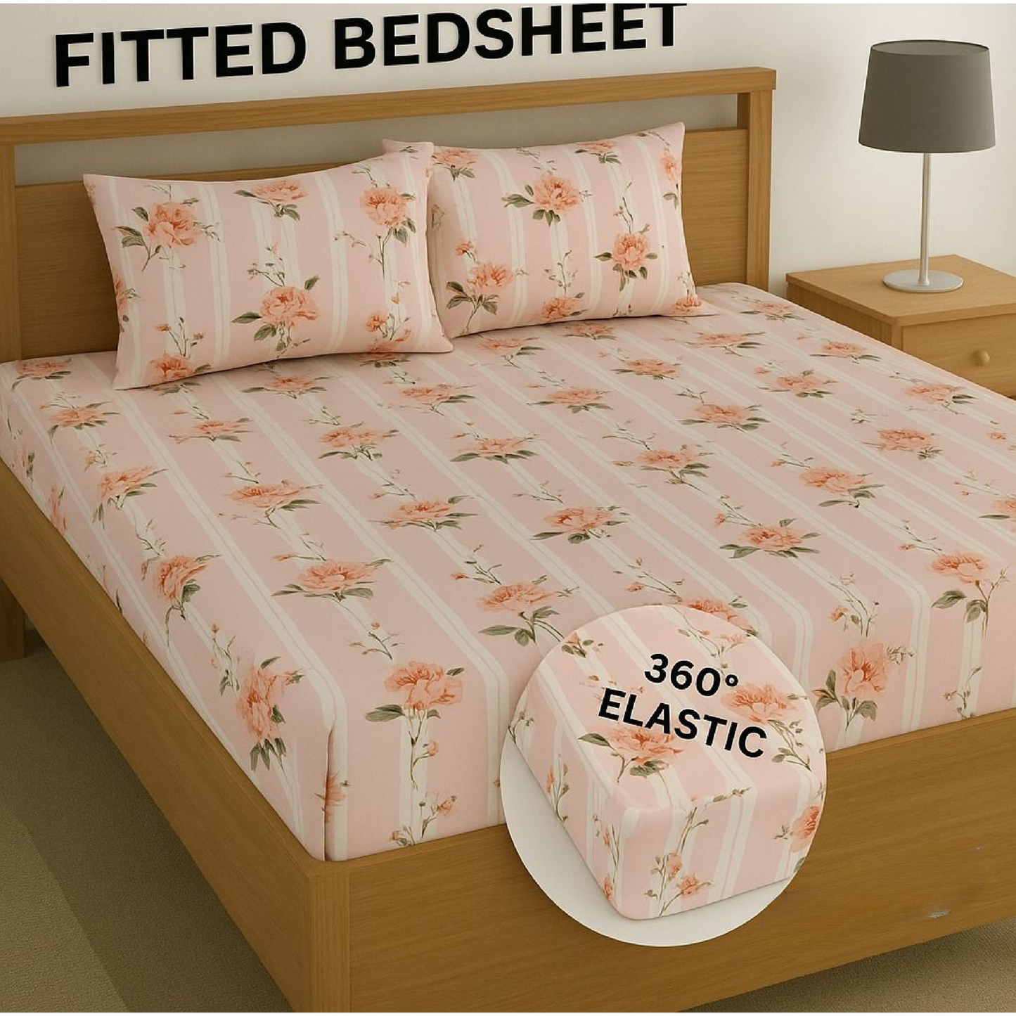 Kashyapa Rugs Pink Floral Stripe Cotton (Elastic) Bedsheet  (Pack of 1 Bedsheet + 2 Pillow Covers)