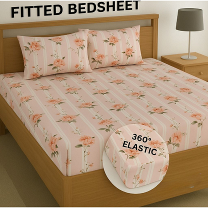 Kashyapa Rugs Pink Floral Stripe Cotton (Elastic) Bedsheet  (Pack of 1 Bedsheet + 2 Pillow Covers)