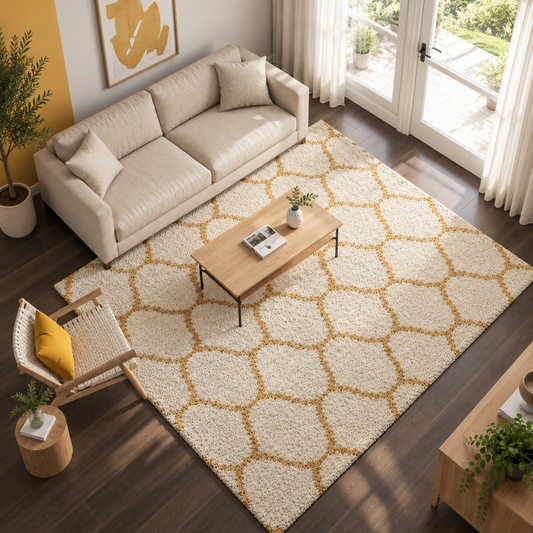 Premium Mustard-Ivory Moroccan Style Shaggy Rug – Plush Soft Touch, Non-Slip Rubber Base