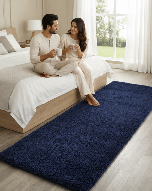 Navy Blue Plain Premium Shaggy Bedside Runner - Soft Feel, Anti-Skid Rubber Backing