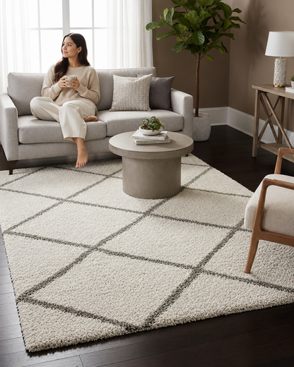 Ivory & Grey Diamond Pattern Soft Shaggy Microfiber Rug – Soft Feel & Anti-Skid Rubber Backing