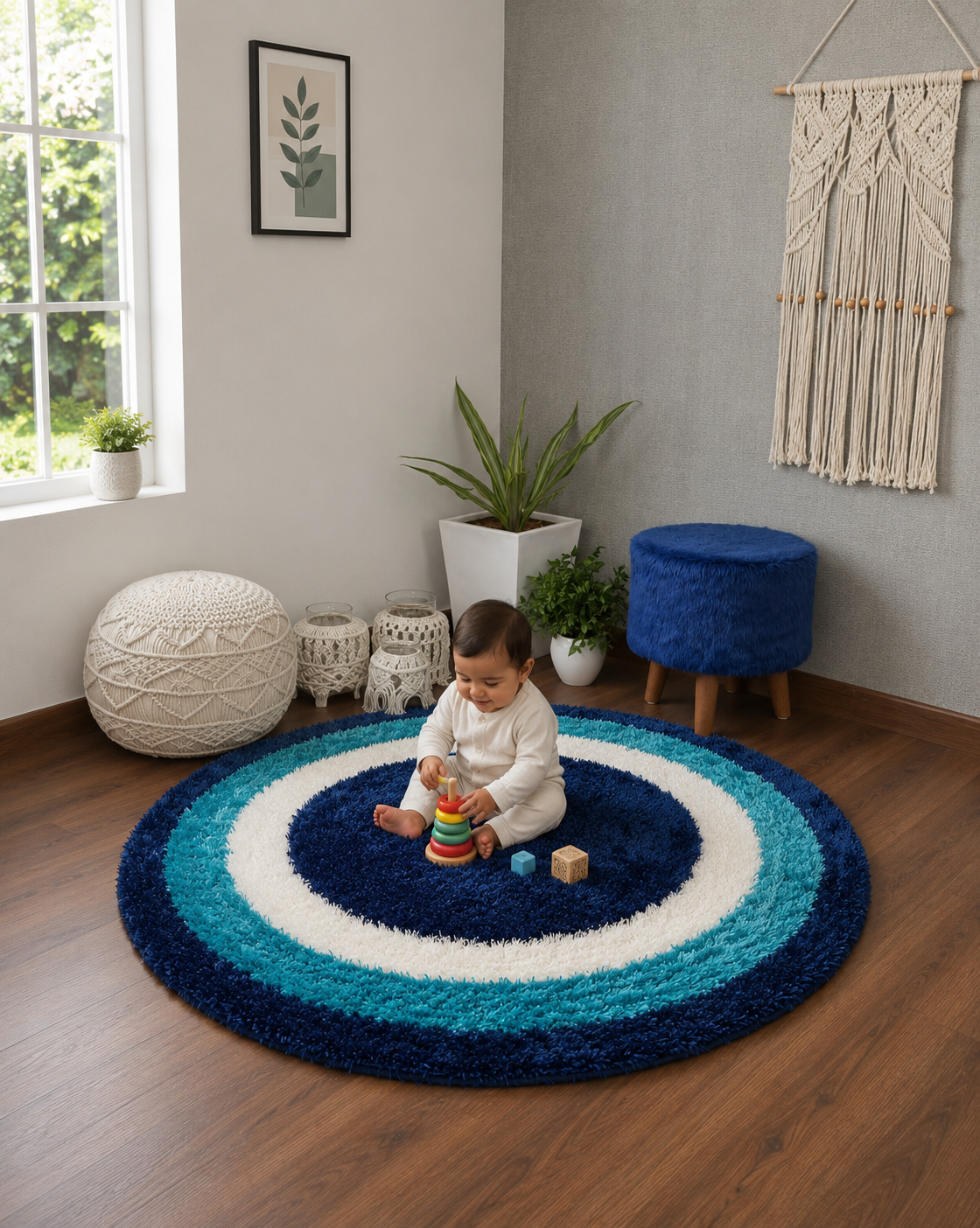 Multicolor Round Blue Shades Shag Carpet for Living Room.